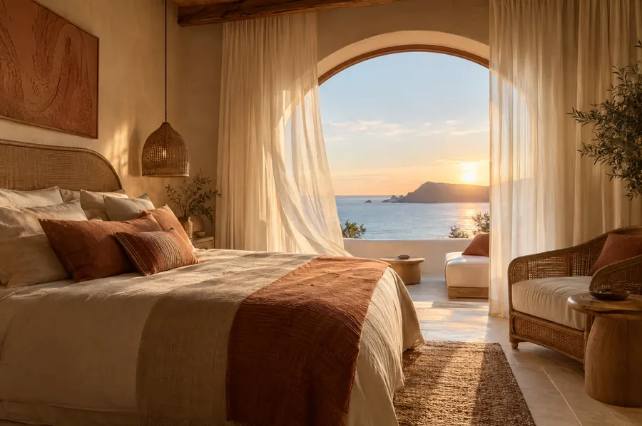 Sea Suite bedroom with an arched window over the sea at sunrise
