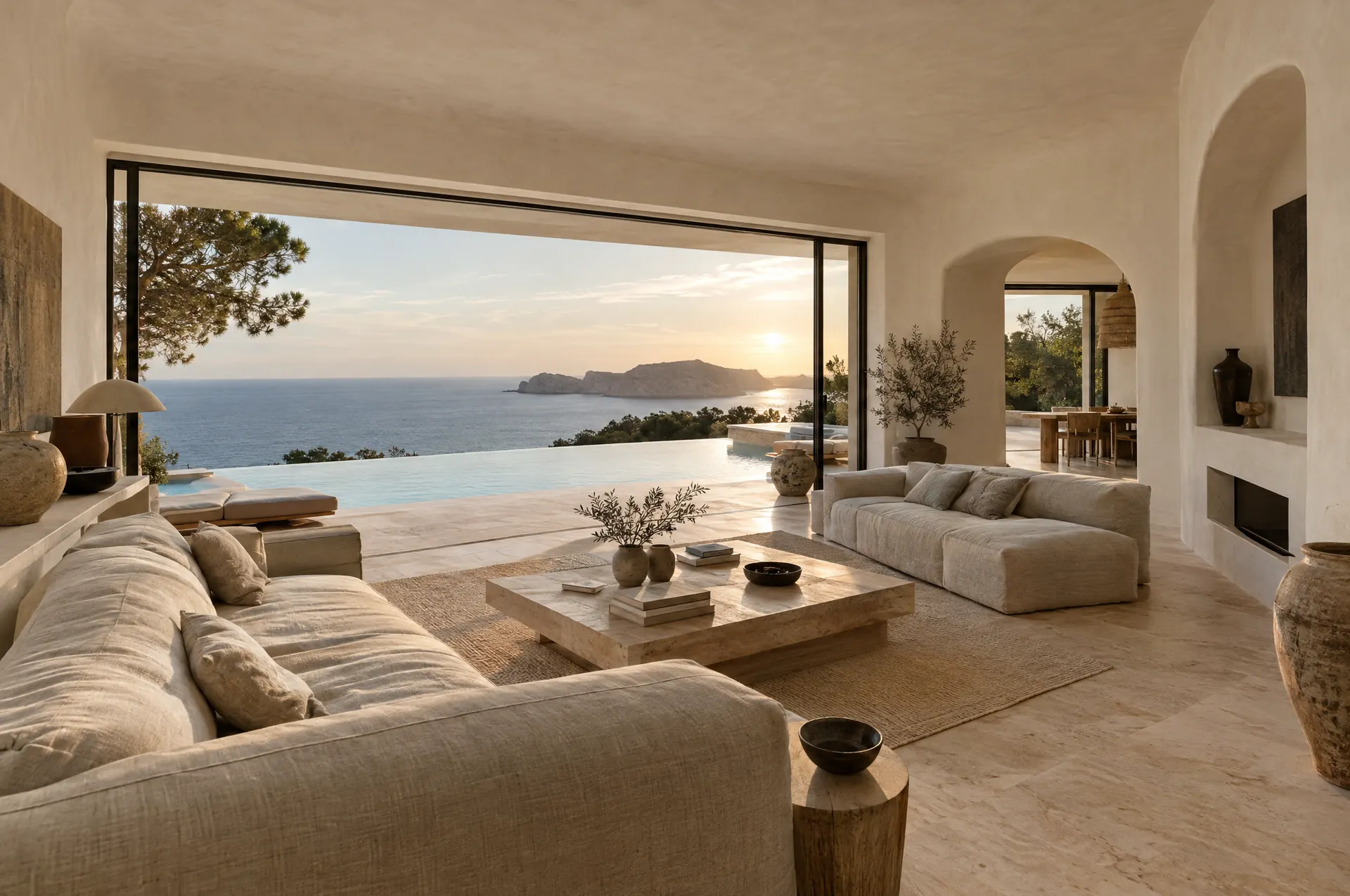Living room with curved white walls and a sea view
