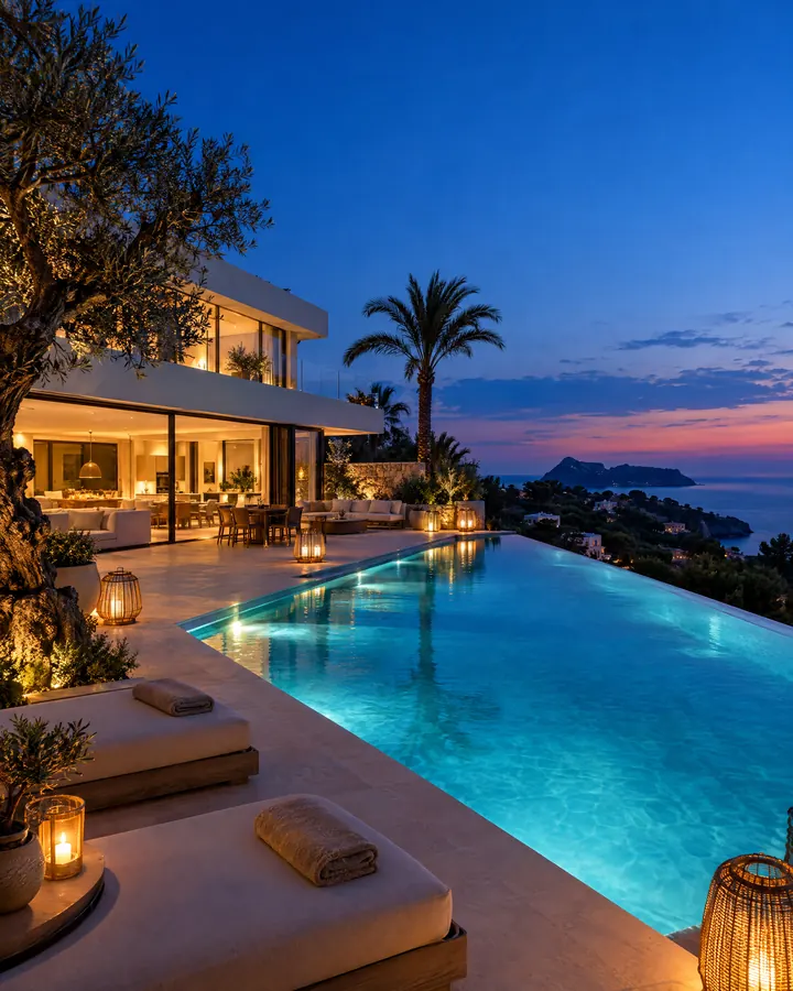 Terraza y piscina en la hora azul · imagen concepto Grow Ibiza