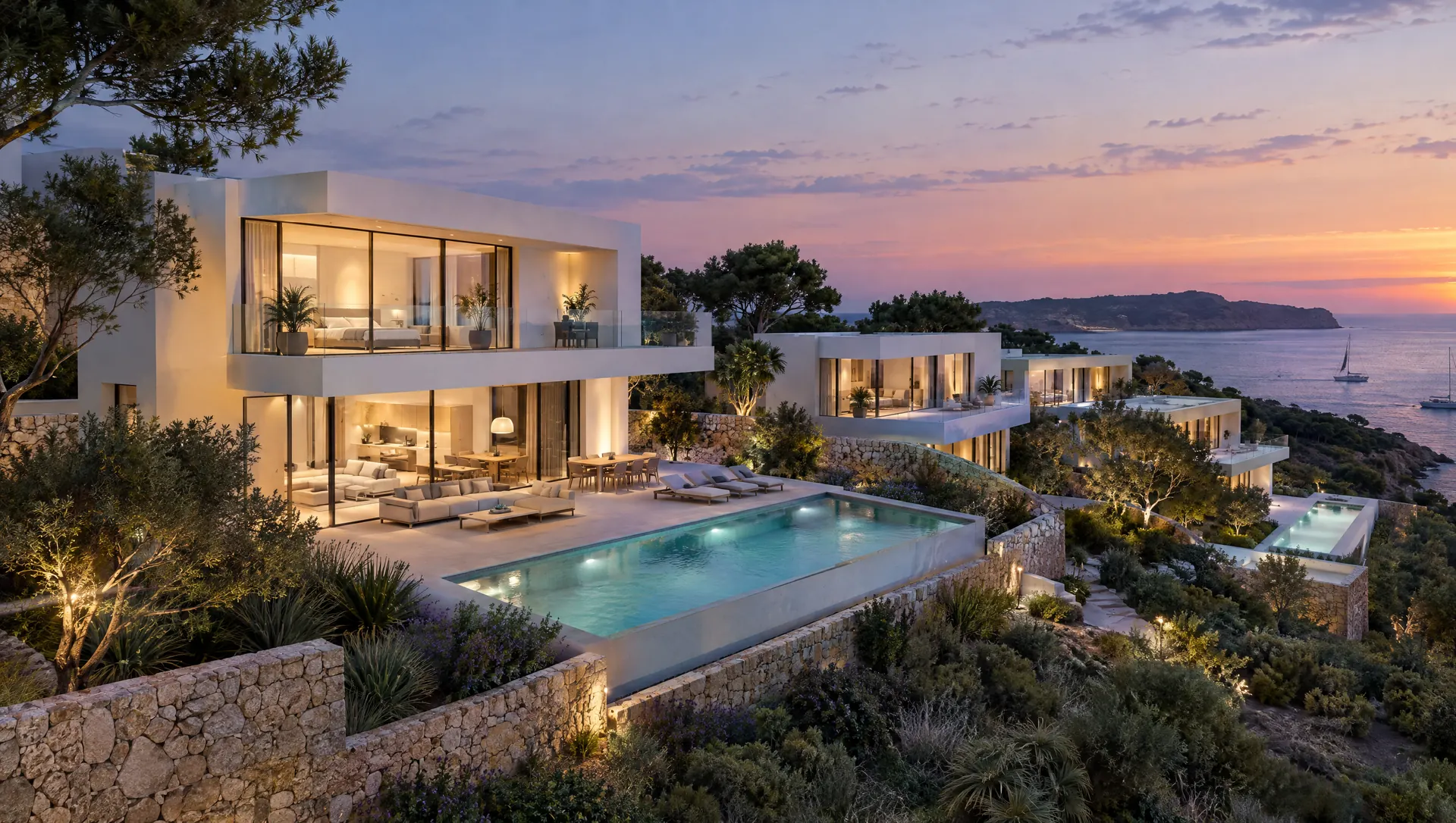 Architectural render of new-build villas at dusk