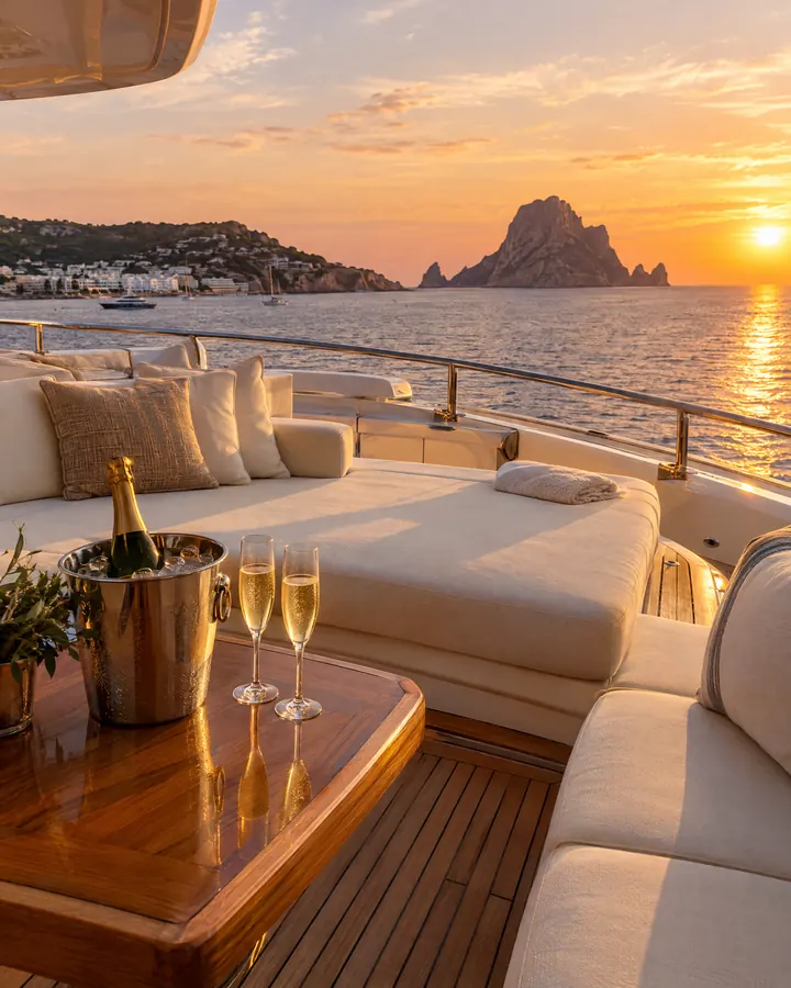 Teak deck of the Levant 52 with champagne and Es Vedrà behind